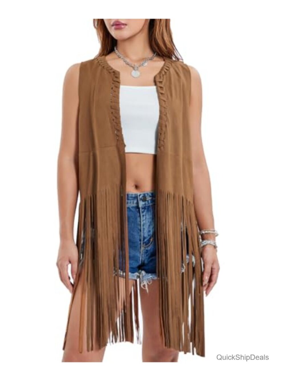 Faux Suede Fringe Vest Cowgirl 70s Hippie Western Tassel Sleeveless